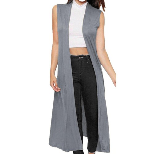 Women's Ladies Sleeveless Boyfriend Open Long Maxi Plain Cardigan Top Sizes UK - Picture 17 of 19