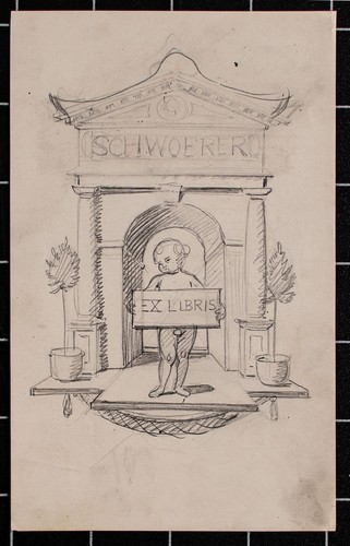 Wilhelm Wohlgemuth Exlibris Schwoerer Architektur Bogen Putto Zeichnung um 1900 - Bild 2 von 2