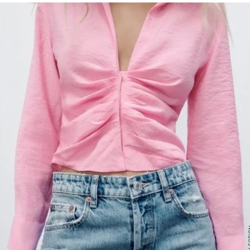 Zara Hot Pink Fluid Ruched Shirt Top Blouse Corseted Button Up Front - Picture 9 of 13