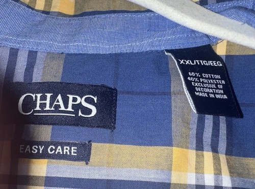 Chaps Men's Easy Care Shirt Size XXL Plaid Yellow Blue Button Up EUC - Picture 4 of 7