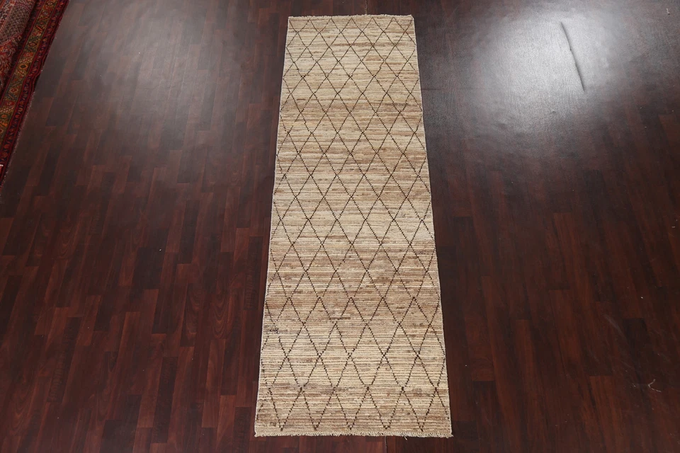 手工制作 Earth Tone Trellis 摩洛哥东方长条地毯 3x10 英尺现代羊毛地毯 — 第 2/4 张图片