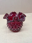 Vintage Fenton Glass Ruby Red Amberina Hobnail Vase w Ruffled Edge