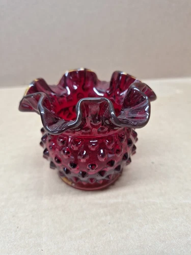 Vintage Fenton Glass Ruby Red Amberina Hobnail Vase w Ruffled Edge