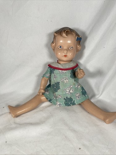 Antique Composite Doll With Blue Bow 11.5” Tall - Picture 2 of 13