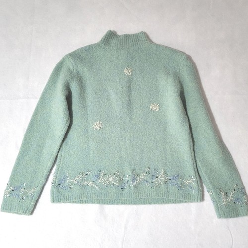 Talbots Petite P Embroidered Snowflake Tree Holiday Sweater Sequin 1/4 Zip - Picture 9 of 11