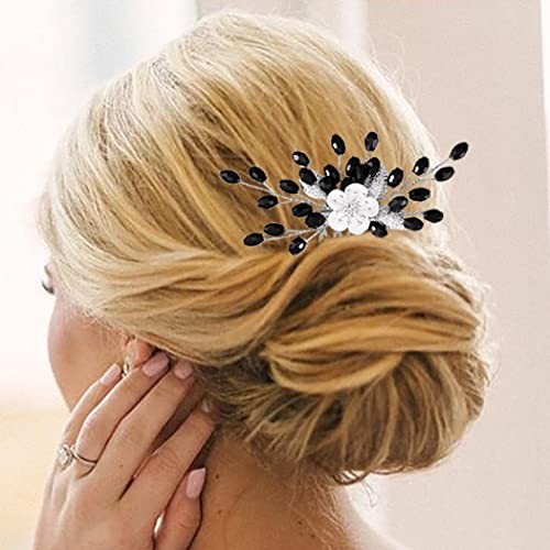 Pettine per capelli sposa fiore matrimonio strass nero capelli da sposa - Foto 6 di 7