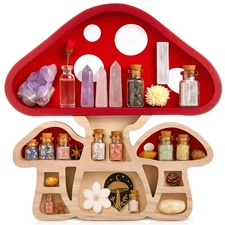 Pinkunn Mushroom Floating Shelves, Wooden Crystal Trinket Display Shelf for W...