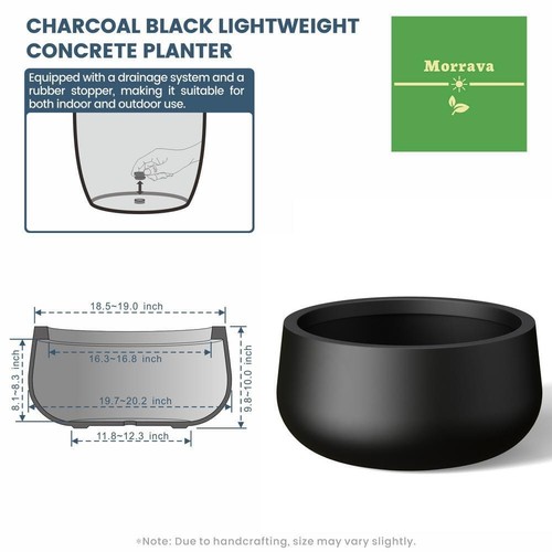 19 In. Large Charcoal Black Concrete Round Planter / Pot With Drainage Holes - Picture 4 of 12