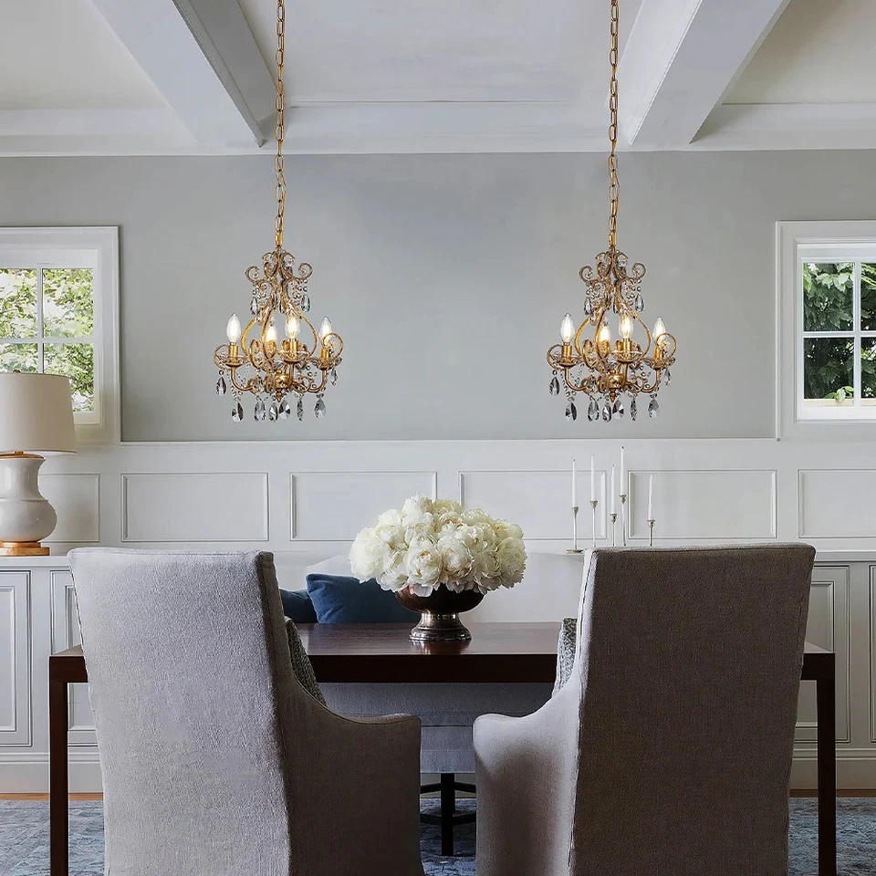 4/6灯复古小烛台水晶吊灯古董金色W14英寸 — 第 2/4 张图片