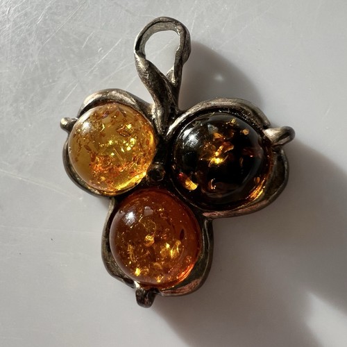 Vintage 925 Sterling Silver Tricolor Amber Estate Pendant - Picture 2 of 11