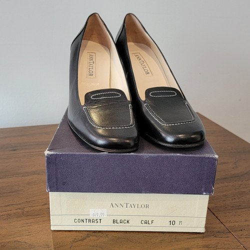 Ann Taylor Contrast Black Calf Pump Block High Heels Womens Size 10M New In Box