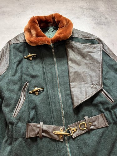 Mac Douglas 1990s Vintage Aviator Metal Clasp Leather Wool Jacket Size 48 Green - Picture 6 of 18