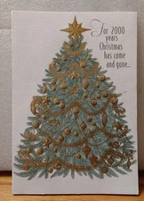 Vintage Christmas Greeting Card Fold Out Gold Green Textured Dayspring Clean