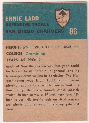 1962 Fleer Ernie Ladd-Def. Tackle-San Diego Chargers-(AFL Champ)(4x AFL AS)-# 86 - Picture 4 of 5