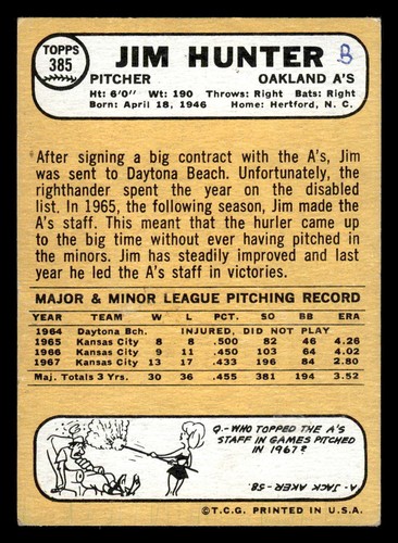 1968 Topps #385 Jim Hunter - EX-EXMT *TedsCardShack* - Picture 2 of 2
