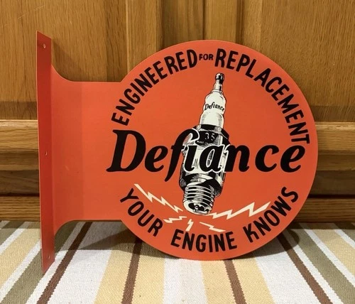 Defiance Spark Plugs Flange Sign Double Sided Gas Oil Vintage Style Wall Decor