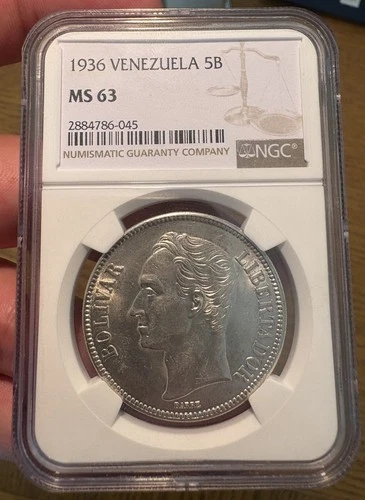 RARE HIGH-GRADE MS 63 NGC 1936 VENEZUELA 5 BOLIVARES SILVER SIMON BOLIVAR COIN