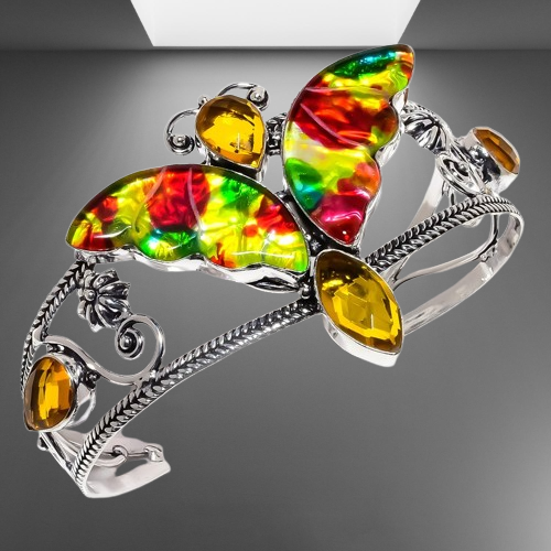 Dichroic Glass, Citrine Gemstone 925 Sterling Silver Cuff Bracelet Adst. U965 - Picture 2 of 8