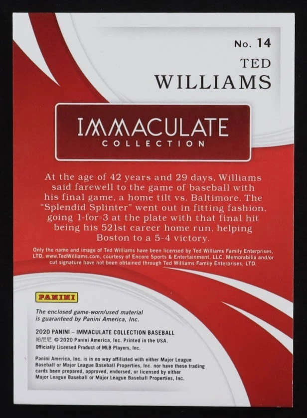 Tarjeta reliquia TED WILLIAMS 2020 Panini Immaculate Collection GU #1 de solo 10! 🔥🔥 Foto 2 de 2