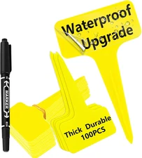 100 Pcs Yellow Thick Plastic Plant Labels Markers Tags Garden Re-Usable T-Typ...