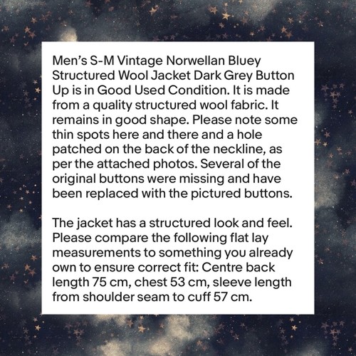Men’s S-M Vintage Norwellan Bluey Structured Wool Jacket Dark Grey Button Up - Picture 19 of 19