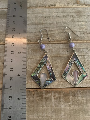 Ladies Vintage Alpaca Mexico Abalone Inlay Dangle Earrings - Picture 4 of 4