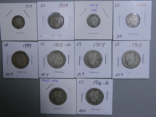 Lot of 10 Barber Liberty US Silver Coins (4 Dimes and 6 Quarters) (Lot #944) - Picture 3 of 8