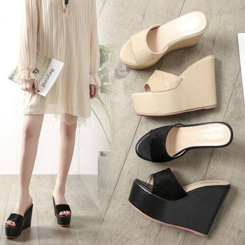 Womens Slippers Wedge High Heels Mules Peep Toe Sandals Platform Sequins Shoes N - Picture 3 of 20