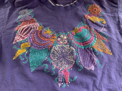 Vtg 90s Panama Jack Granny TShirt L  ? Purple Shells Glittery Distressed Sea - Picture 9 of 20