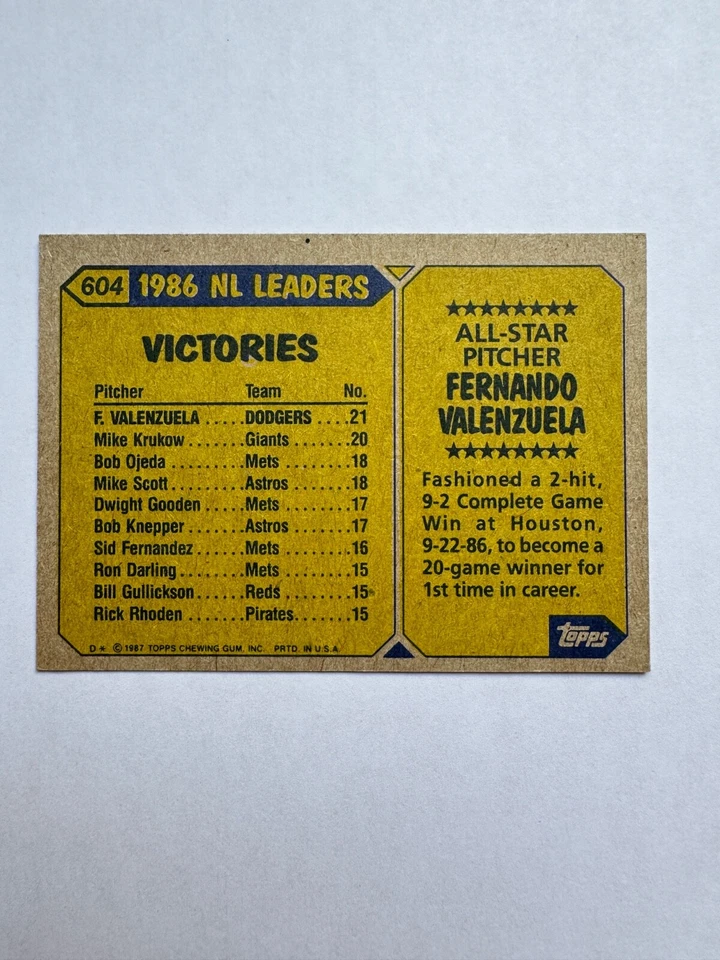 1987 Topps - All-Star Fernando Valenzuela #604 Rare Error Card - NM -free ship - Image 3 of 4