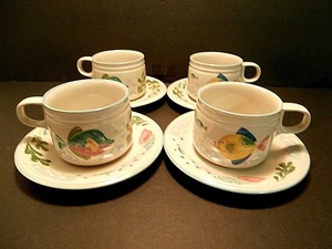 Studio-Nova-Barrier-Reef-Cups-amp-Saucers-Fish-Shells-Nautical-Beach-4-Sets