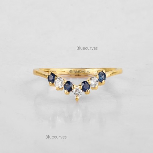 2mm Blue Genuine Sapphire & Natural Diamond Crown Ring 14k Solid Yellow Gold - Picture 3 of 8