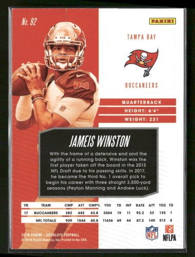 2018 Panini Absolute #92 Jameis Winston Spectrum Blue Tampa Bay Buccaneers - Picture 2 of 2