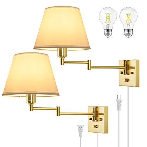 Wall Sconce Plug in Brushed Brass Dimmable Wall Sconces 2 Set Swing Wall  - Picture 1 of 7