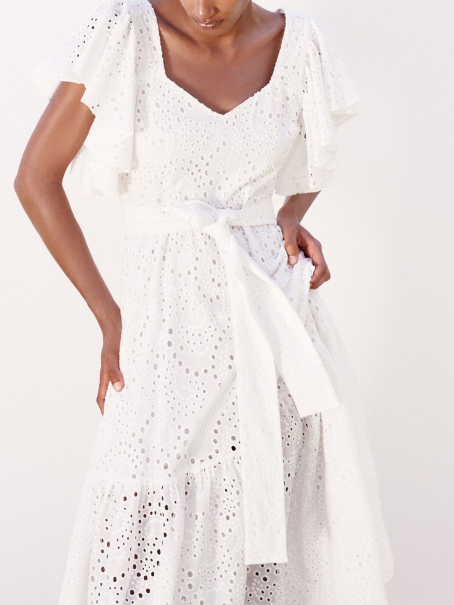 Zara SS22 White Midi Dress with Cutwork Embroidery Size S