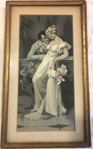 Antique woven silk 'Les Rivaux' figural couple with little girl ~ Framed