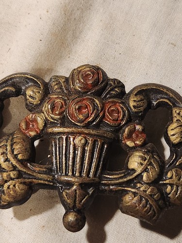 2 antique rose basket drapery rod decorations .cast iron 7" 1920s - Picture 3 of 4