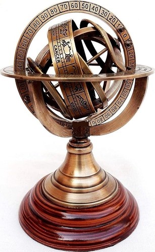 Brass Armillary Sphere Astrolabe On Wooden Base Maritime Nautical & Collectible - Picture 2 of 3