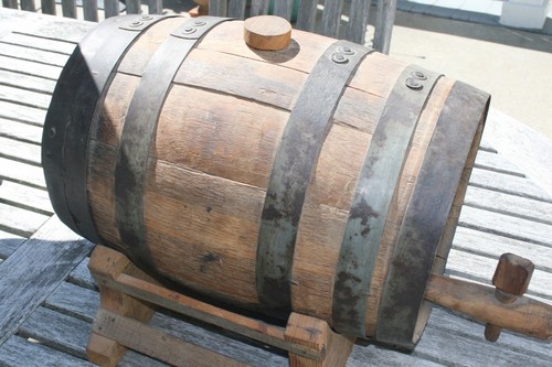 Antique Vintage Oak Iron Strap Beer Keg Whiskey Barrel with Cradle - Picture 3 of 11