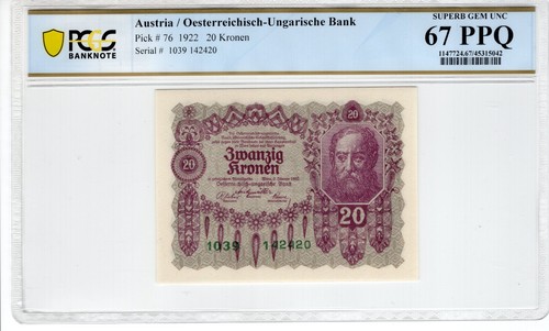 Austria 1922 20 Kronen PCGS Banknote UNC Gem 67 PPQ Pick 76 - Picture 1 of 2