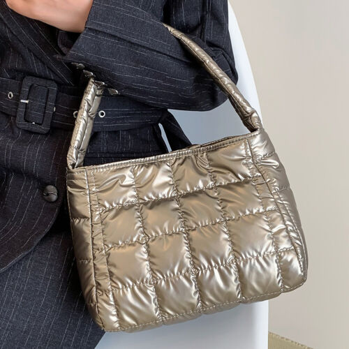 Quilted Women Handbag Fashion Plaid Cotton Tote Bag Soft for Travel (Champagne) - Picture 10 of 11