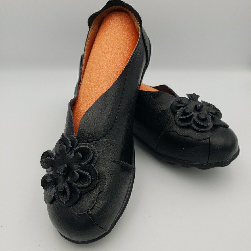 SAOLA Mocassini slip on in pelle nera donna comfort fiore taglia 10 43 suola flessibile cuscino