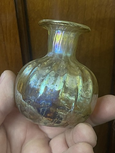 Iridescence Roman Style Tear Bottle Ribbed Art Glass Polished Bottom - Picture 5 of 7