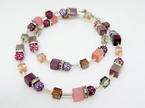 Halskette Collier Würfel Kristallglas Shamballa Strass Lila Violett Rosa 546e - Bild 4 von 21
