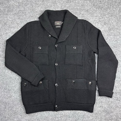 RRL Ralph Lauren Shawl Cardigan Mens Medium Black 100% Wool Sweater 4 Pockets
