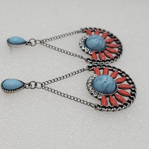 Vtg Blue Orange Rhinestone Chandelier Pierced Dangle Earrings - Picture 7 of 14