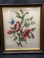 Needlepoint Rose Butterfly Floral 11x13  Framed Under Glass Cottage core Art