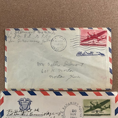 Vintage Air Mail 6,  8 Cent Stamps Red Green Air Mail Envelope Used US Navy S1J - Picture 2 of 8