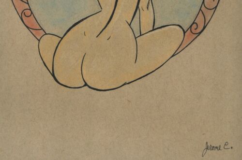 Female nude figure drawing Ink pastel Artist Jerome Cadd mirror - Photo 3 sur 3