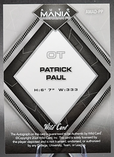 Patrick Paul /25 2024 Wild Card Rookie RC Auto Sparkle Miami Dolphins SSP - Foto 2 di 2